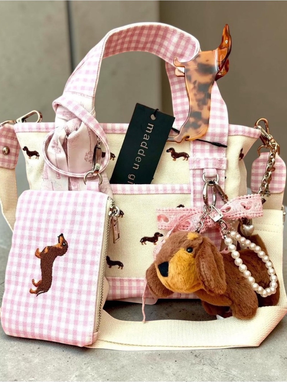 Madden Girl Pink Gingham Dachshund Print Tote with Plush Keychain